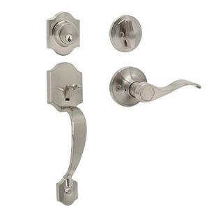 decoriten single cylinder handleset with wave lever, satin nickel front entry handle, right-handed exterior lever