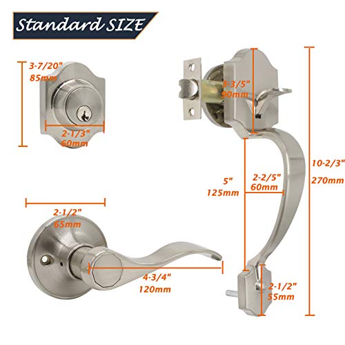 DECORITEN Single Cylinder Handleset with Wave Lever, Satin Nickel Front Entry Handle, Right-Handed Exterior Lever