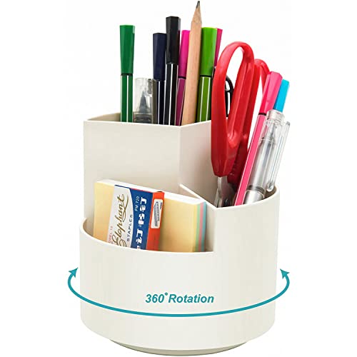 Siveit Rotating Pen Holder, 3 Slots 360-Degree Spinning Pencil Pen Desktop Organizer Cute Pencil Cup Pot for Home, Office, Kids (White)