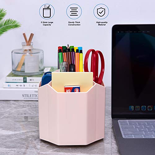 Siveit Pen Holder, 360° Rotating 5 Grid Pen Holder Stand Office Supplies Storage Organize for Desk Cute Pencil Cup Pot for Home, Office, Kids (Peach Pink)