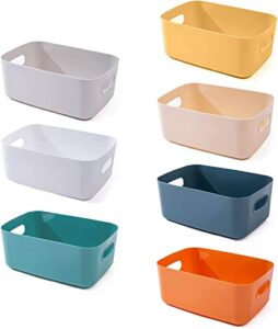 7-pack plastic storage bins and baskets for efficient home classroom organization - small containers in multiple colors for kitchen, cupboard box, and bathroom organizer on shelves and tubs