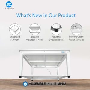 EZ Laundry | Upgraded 28” Universal Pedestal – 700lbs Capacity, Raises 16” with Built-in Drain Pan + Hose, Adjustable Feet, Anti-Vibration & Storage Shelf fits 27" or 28" Washer & Dryer (White)