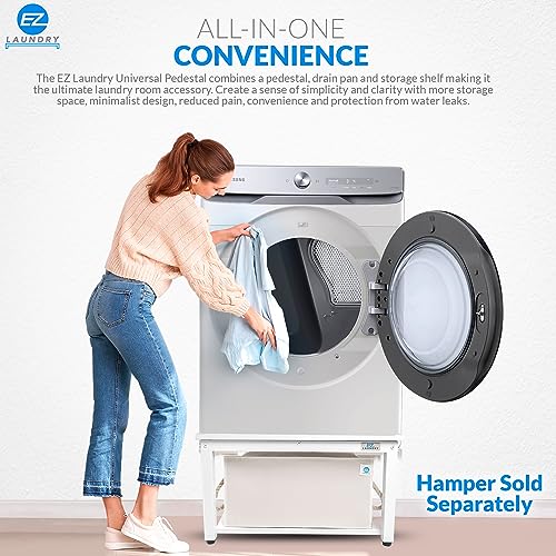 EZ Laundry | Upgraded 28” Universal Pedestal – 700lbs Capacity, Raises 16” with Built-in Drain Pan + Hose, Adjustable Feet, Anti-Vibration & Storage Shelf fits 27" or 28" Washer & Dryer (White)