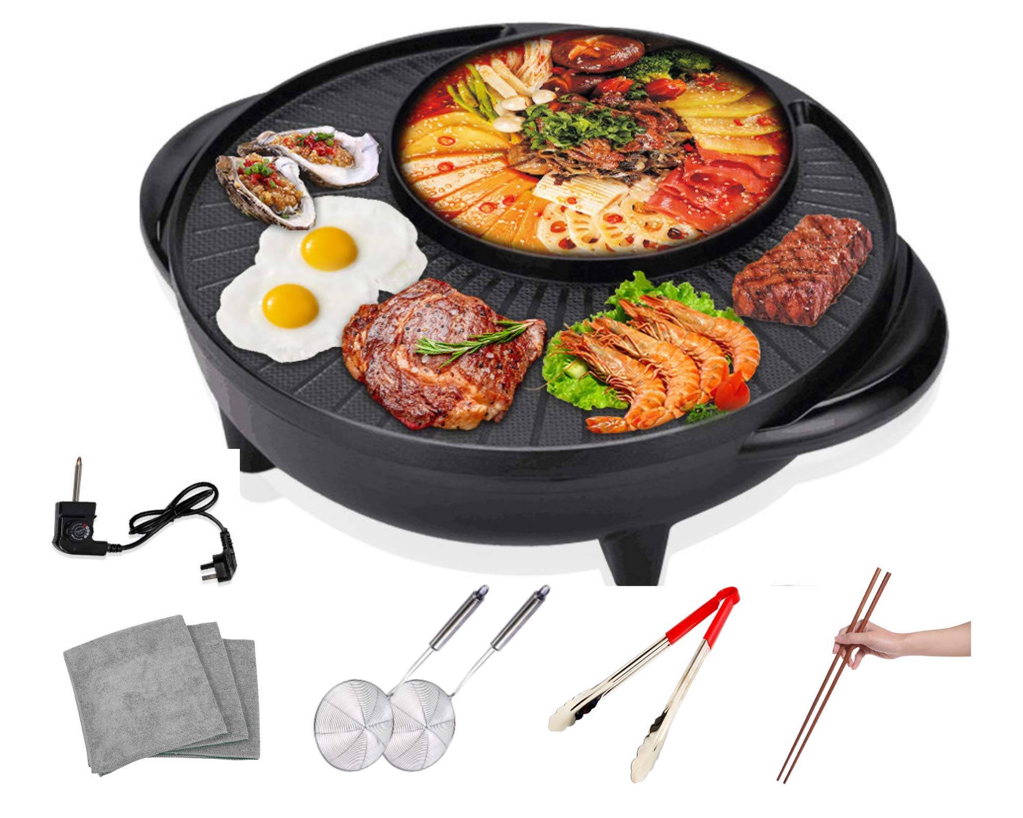 Soup N Grill Circular Edition Hotpot Grill Combo Indoor Korean BBQ, Shabu Shabu Electric Hot Pot with Divider, Portable with Free Strainer Scoops, Extra Long Chopsticks, Tongs, Cloths, Smokeless Grill