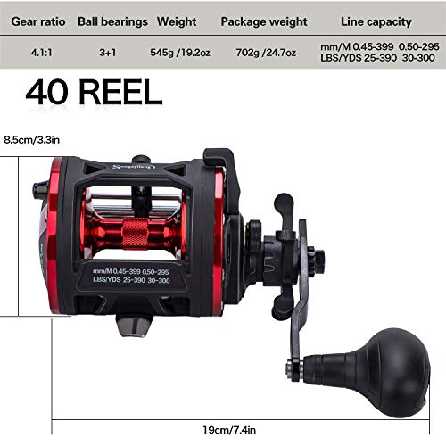 Sougayilang Trolling Reel Level Wind Conventional Reel Graphite Body Fishing Reel, Durable Stainless-Steel, Large Line Capacity-DTR40 Right Handle