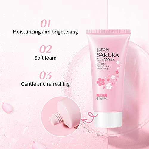 MIESCHER Sakura Face Wash,Cherry blossom Cleanser Facial Skin Cleansing Foaming Repairing Acne Deep Cleansing Moisturizer for Dry Skin & Oily Skin Hydrating Lotion Foam Cleanser Balance Oil Water Daily Cleaning Skincare Products