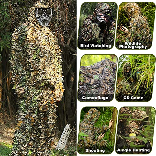 Ghillie Suit 3D Leafy Camo Suit Youth Adult Lightweight Hunting Camouflage Suits Turkey Camo Hunting Gear Camo Clothing Hooded Apparel Gilly Suit for Hunting Shooting Airsoft Wildlife Photography