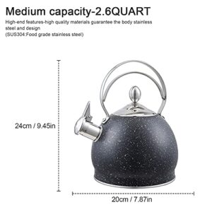 Creative Home 2.5 Qt. Stainless Steel Whistling Tea Kettle Teapot with Aluminum Capsulated Bottom for Fast Boiling Heat Water, for Induction Stove Top, Opaque Black with Speckle