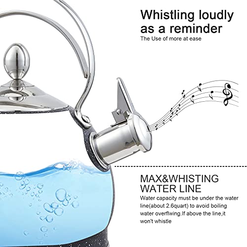 Creative Home 2.5 Qt. Stainless Steel Whistling Tea Kettle Teapot with Aluminum Capsulated Bottom for Fast Boiling Heat Water, for Induction Stove Top, Opaque Black with Speckle