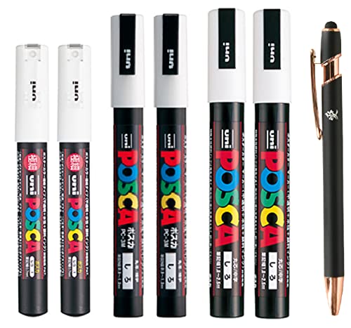 Uni Japan Posca Paint Marker Mitsubishi Poster Color White 6 Marking Pen PC-1M PC-3M PC-5M 2 of Each With Kanji LOVE Sticker