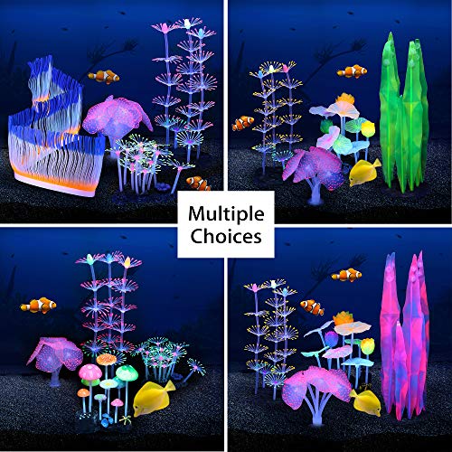 Filhome Glowing Fish Tank Decorations Plants, 4 pcs Glow Aquarium Decoration Plants Kit Glowing Sea Anemone Coral Ornaments