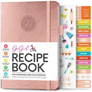 gogirl recipe book – blank cookbook to write in your own recipes – empty cooking journal for family recipes – personalized recipe notebook – hardcover, a5, 58 recipes in total - rose gold