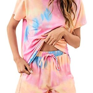 HOCOSIT Womens Tie Dye Printed Pajamas Short Sleeve Tops and Shorts Set Sleepwear 2 Piece Pjs Sets Loungewear Pink