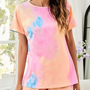 HOCOSIT Womens Tie Dye Printed Pajamas Short Sleeve Tops and Shorts Set Sleepwear 2 Piece Pjs Sets Loungewear Pink