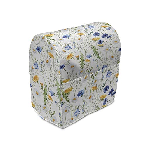 Ambesonne Flower Stand Mixer Cover, Wild Flowers Poppies and Daisies Rural Nature Scenery in Meadows Rustic, Kitchen Appliance Organizer Bag Cover with a Pocket, 6-8 Quarts, Yellow White