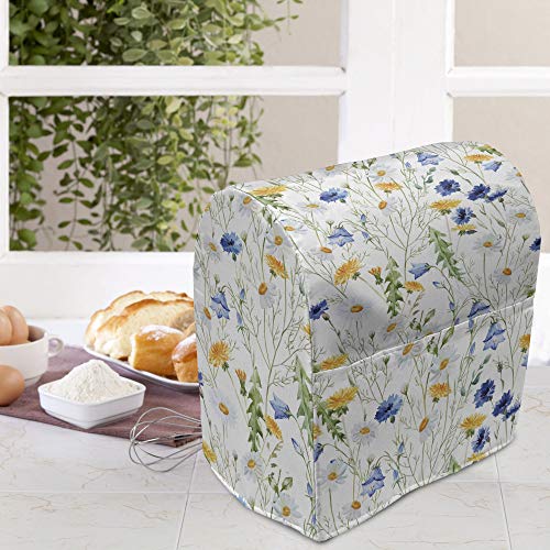 Ambesonne Flower Stand Mixer Cover, Wild Flowers Poppies and Daisies Rural Nature Scenery in Meadows Rustic, Kitchen Appliance Organizer Bag Cover with a Pocket, 6-8 Quarts, Yellow White