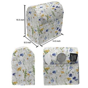 Ambesonne Flower Stand Mixer Cover, Wild Flowers Poppies and Daisies Rural Nature Scenery in Meadows Rustic, Kitchen Appliance Organizer Bag Cover with a Pocket, 6-8 Quarts, Yellow White