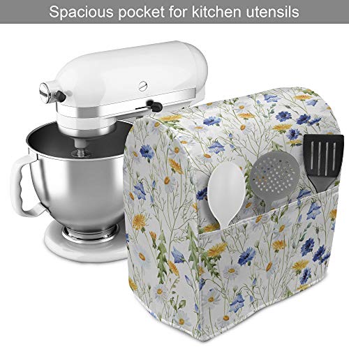 Ambesonne Flower Stand Mixer Cover, Wild Flowers Poppies and Daisies Rural Nature Scenery in Meadows Rustic, Kitchen Appliance Organizer Bag Cover with a Pocket, 6-8 Quarts, Yellow White