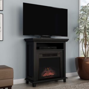 electric fireplace tv stand– 29” freestanding console with shelf, faux logs and led flames, space heater entertainment center by lavish home (black)