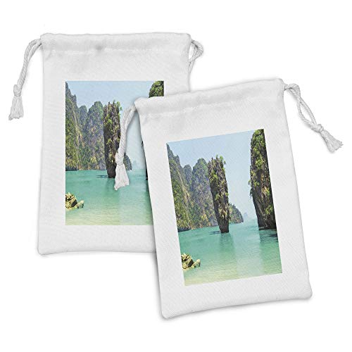 Ambesonne Island Fabric Pouch Set of 2, James Bond Stone Island Landscape in Tropical Beach Cruising Journey of Life Photo, Small Drawstring Bag for Toiletries Masks and Favors, 9" x 6", Green Brown