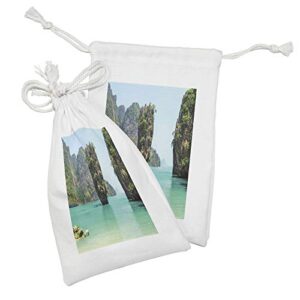 Ambesonne Island Fabric Pouch Set of 2, James Bond Stone Island Landscape in Tropical Beach Cruising Journey of Life Photo, Small Drawstring Bag for Toiletries Masks and Favors, 9" x 6", Green Brown