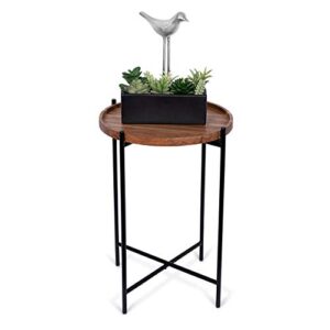 birdrock home folding side table with removable wood tray - black metal foldable nightstand - indoor use only - bar coffee drinks food serving tray - decorative modern end accent - natural acacia