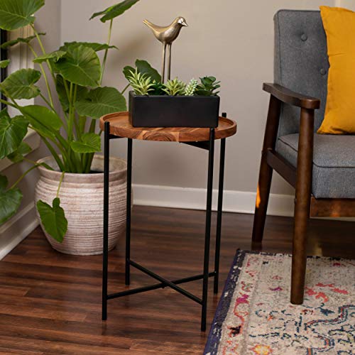 BIRDROCK HOME Folding Side Table with Removable Wood Tray - Black Metal Foldable Nightstand - Indoor Use Only - Bar Coffee Drinks Food Serving Tray - Decorative Modern End Accent - Natural Acacia