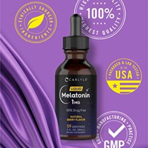 Carlyle Melatonin Liquid 1mg | 4 fl oz Drops | Natural Berry Flavor | Non-GMO, Vegetarian Supplement