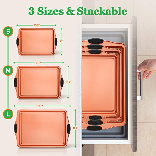 NutriChef 3 Piece Baking Pan Set - PFOA, PFOS, PTFE Free Flexible Nonstick Carbon Steel Bakeware Set - Home Kitchen Bake Pan Cookie Sheet Stackable Baking Tray Set w/Red Silicone Handles NCSBS3S45