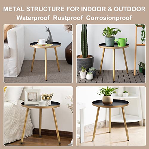 AOJEZOR Round End/Side Tables for Living Room, Bedrooms Narrow Night Stands Cute Pedestal Plant Stand for Balcony, Black Tray with 3 Legged Gold Coffee/ Accent Table