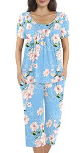 popyoung women's pajamas sets, summer short sleeves tunic top with comfy capri pants, lounge sleepwear 2 piece ladies pjs sets with pockets l, floral blue