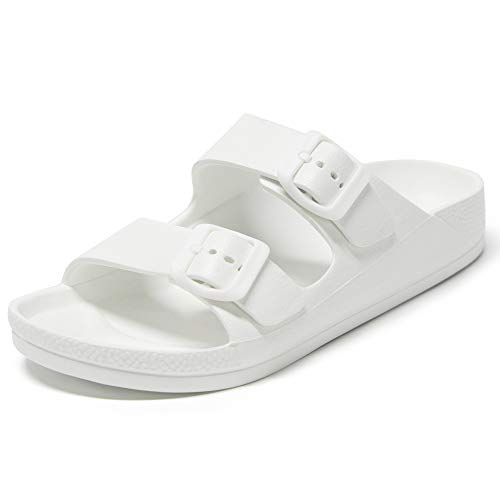 Athlefit Women's Double Buckle EVA Sandals Comfortable Rubber Waterproof Plastic Two Strap Footbed Foam Slip on Slide White Sandals Size 8