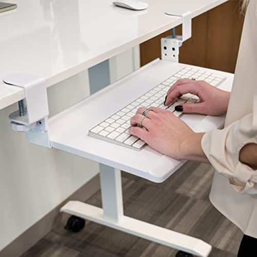 Stand Up Desk Store Compact Clamp-On Retractable Adjustable Keyboard Tray/Under Desk Keyboard Tray | Increase Comfort and Usable Desk Space | for Desks Up to 1.5" (24.5" x 11.5") (White) (Small)