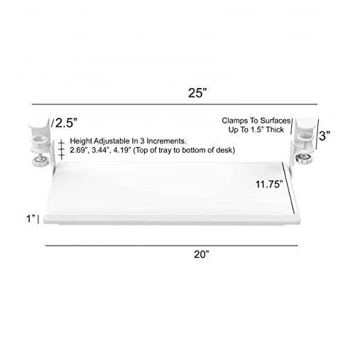 Stand Up Desk Store Compact Clamp-On Retractable Adjustable Keyboard Tray/Under Desk Keyboard Tray | Increase Comfort and Usable Desk Space | for Desks Up to 1.5" (24.5" x 11.5") (White) (Small)