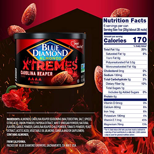 Blue Diamond Almonds XTREMES Carolina Reaper Flavored Snack Nuts, 6 Oz Resealable Cans (Pack of 1)