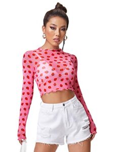 floerns women's mock neck long sleeve see though sheer mesh tops tee shirt pink strawberry xl