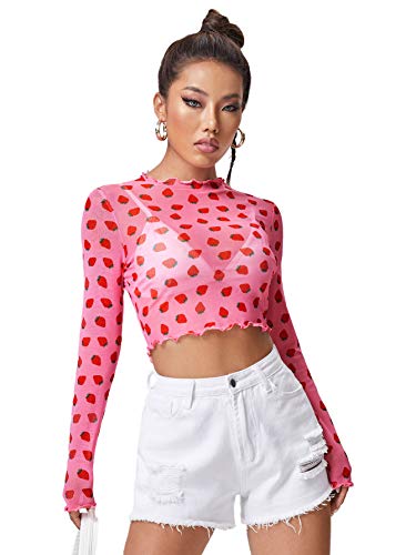 Floerns Women's Mock Neck Long Sleeve See Though Sheer Mesh Tops Tee Shirt Pink Strawberry XL