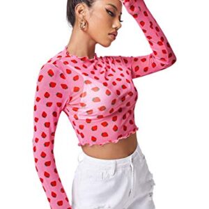 Floerns Women's Mock Neck Long Sleeve See Though Sheer Mesh Tops Tee Shirt Pink Strawberry XL