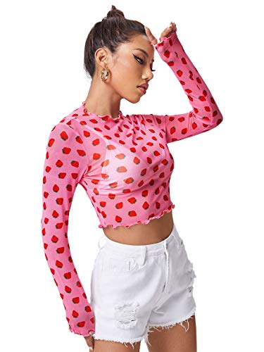 Floerns Women's Mock Neck Long Sleeve See Though Sheer Mesh Tops Tee Shirt Pink Strawberry XL