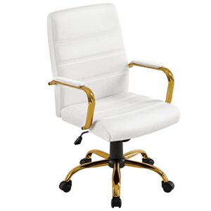 yaheetech mid-back office chair pu leather desk chair adjustable executive task chair w/lumber support gold leg white seat