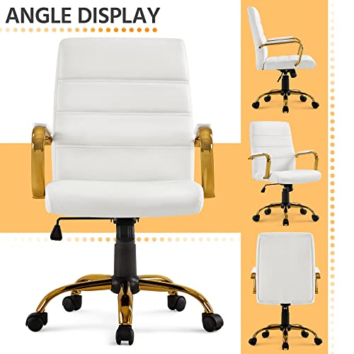 Yaheetech Mid-Back Office Chair PU Leather Desk Chair Adjustable Executive Task Chair w/Lumber Support Gold Leg White Seat