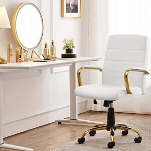 Yaheetech Mid-Back Office Chair PU Leather Desk Chair Adjustable Executive Task Chair w/Lumber Support Gold Leg White Seat