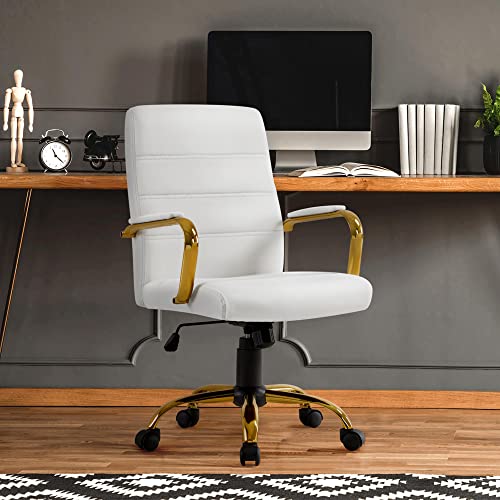 Yaheetech Mid-Back Office Chair PU Leather Desk Chair Adjustable Executive Task Chair w/Lumber Support Gold Leg White Seat