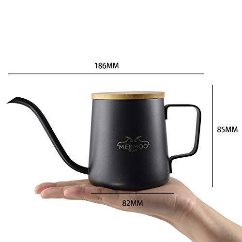 MERMOO YILAN Gooseneck Kettle Pour Over Coffee Kettle with Lid 350ml Stainless Steel Kettle Hand Drip Coffee Pot Long Narrow Coffee Pitcher Jug（black)