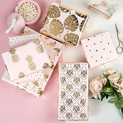 WRAPAHOLIC Wrapping Paper Sheet - Pink and Gold Foil Design for Birthdays, Wedding, Holiday, Party, Baby Shower - 1 Roll Contains 6 Sheets - 17.5 inch X 30 inch Per Sheet