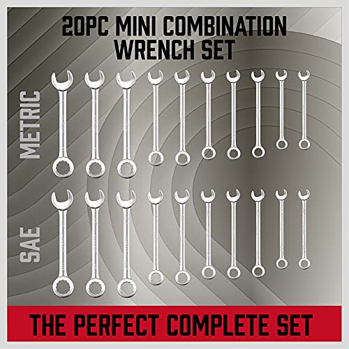 Premium Midget Wrench Set - 22-Piece Mini Combination Wrench Set, Metric & SAE Ignition Wrench Set, 4-10mm & 5/32'' to 7/16'', Li ghtweight Small Wrench Set with Carry Pouch