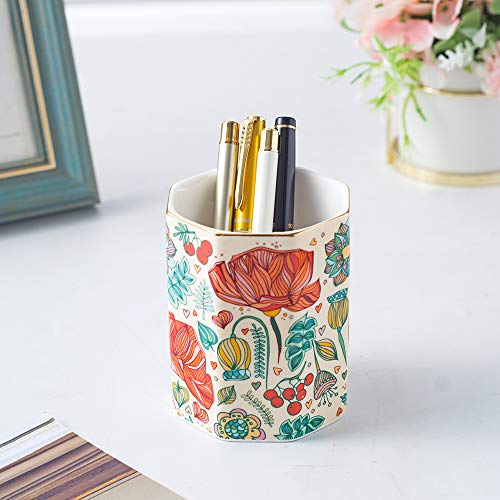 YOSCO Ceramic Pen Holder For Desk Cute Flower Stand Pencil Cup Pot Desk Organizer Makeup Brush Holder for Girls Women (Flower)