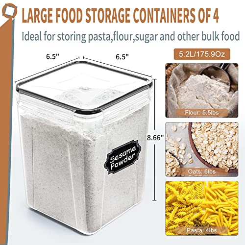 PRAKI Large Airtight Food Storage Containers 5.2L / 195oz, BPA Free, 4pcs Pantry Kitchen Organization Set for Flour, Sugar, Baking Supplies, Plastic Flour Container with 20 Labels & Maker