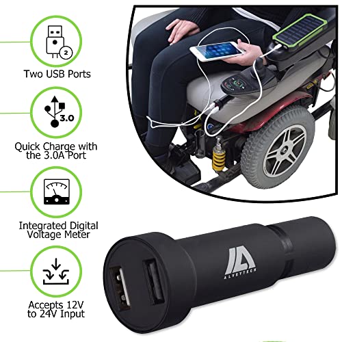 AlveyTech XLR Dual Port USB Charging Adapter with Digital Voltage Meter - for Power Chairs, Mobility Scooters, Electric Wheelchair, E-Bike, Medical Scooter Charger Adaptor Accessories, Fast Charge