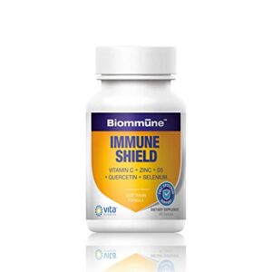 biommune immune shield once-daily clinical formula, immune support booster with stomach-friendly zinc, quercetin, buffered vitamin c, d3, selenium.
